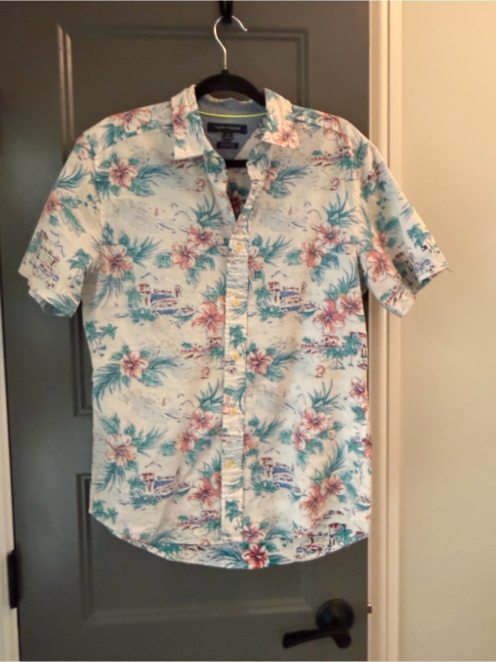Tommy Hilfiger mens light cotton White Floral Short-Sleeve Button-Down Shirt S